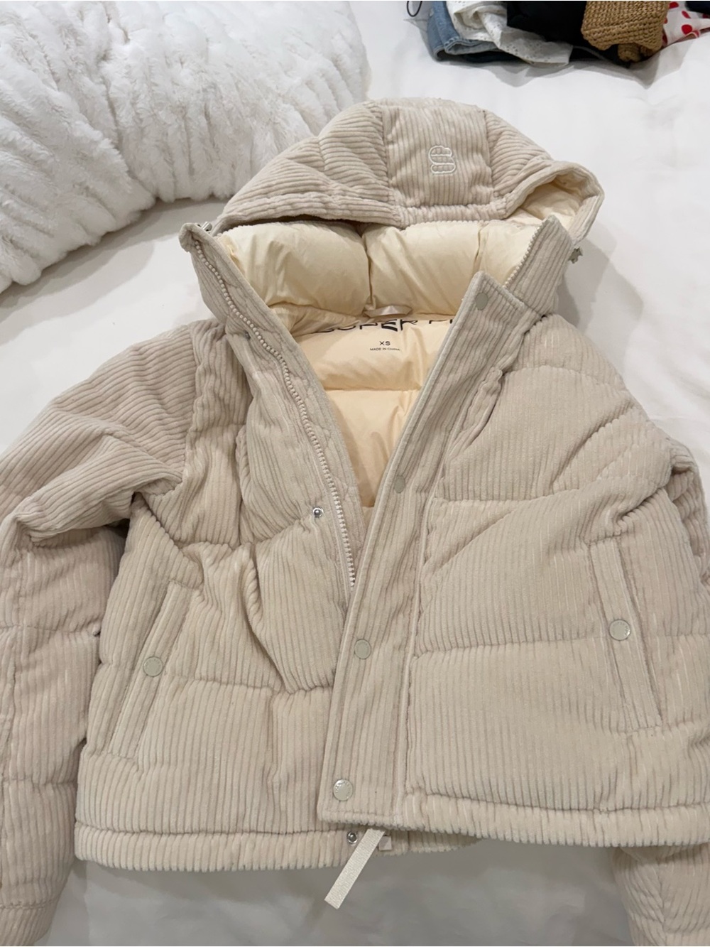 Aritzia Superpuff Beige Corduroy Puffer Jacket with Hood - Women